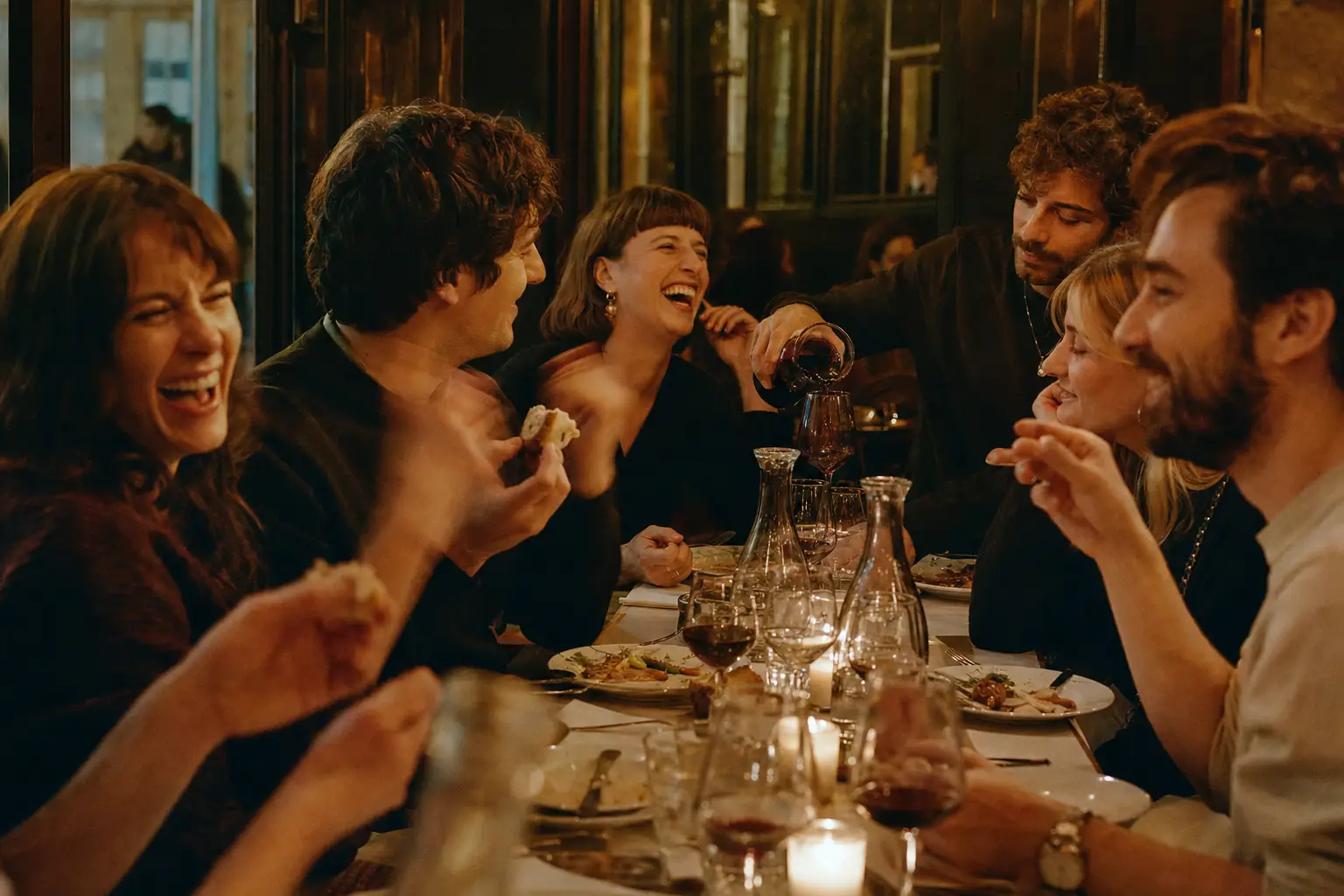 Friends talking and laughing around a table