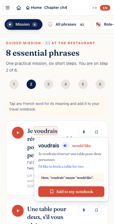 Définition d’un mot et ajout au carnet de voyage