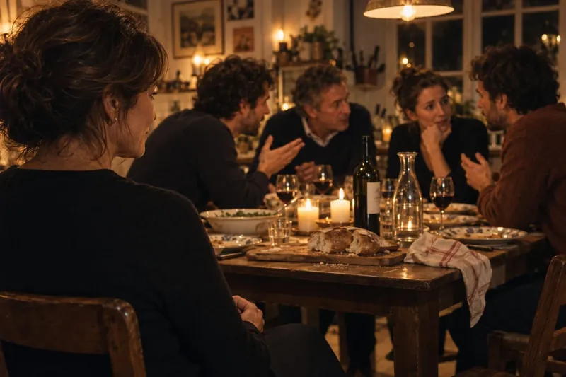 A dinner where everyone is talking except the person in the foreground