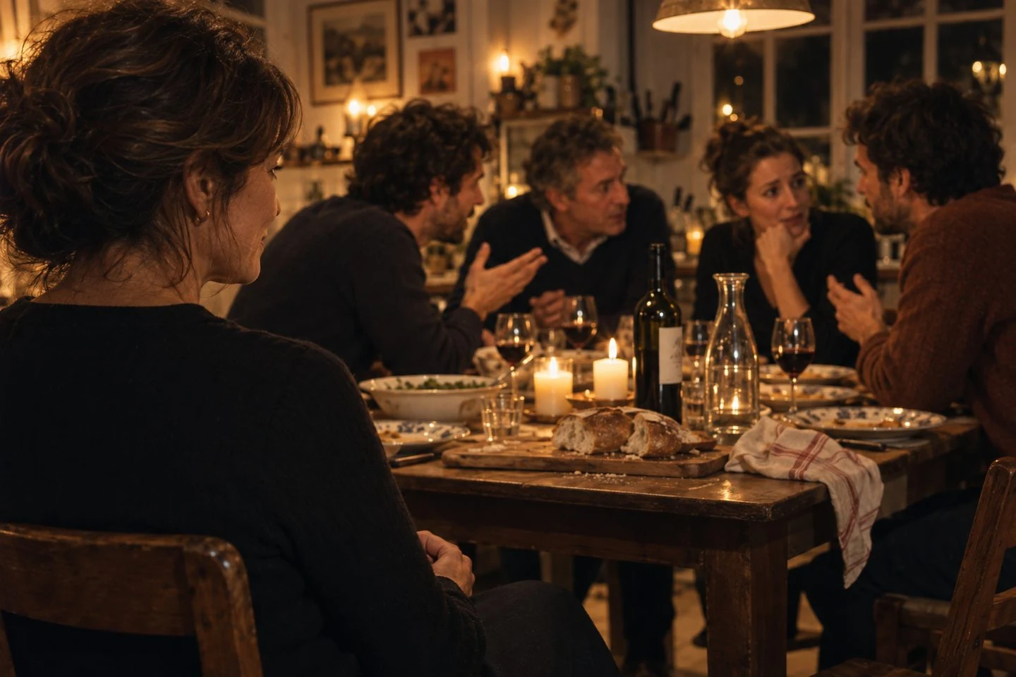 A dinner where everyone is talking except the person in the foreground