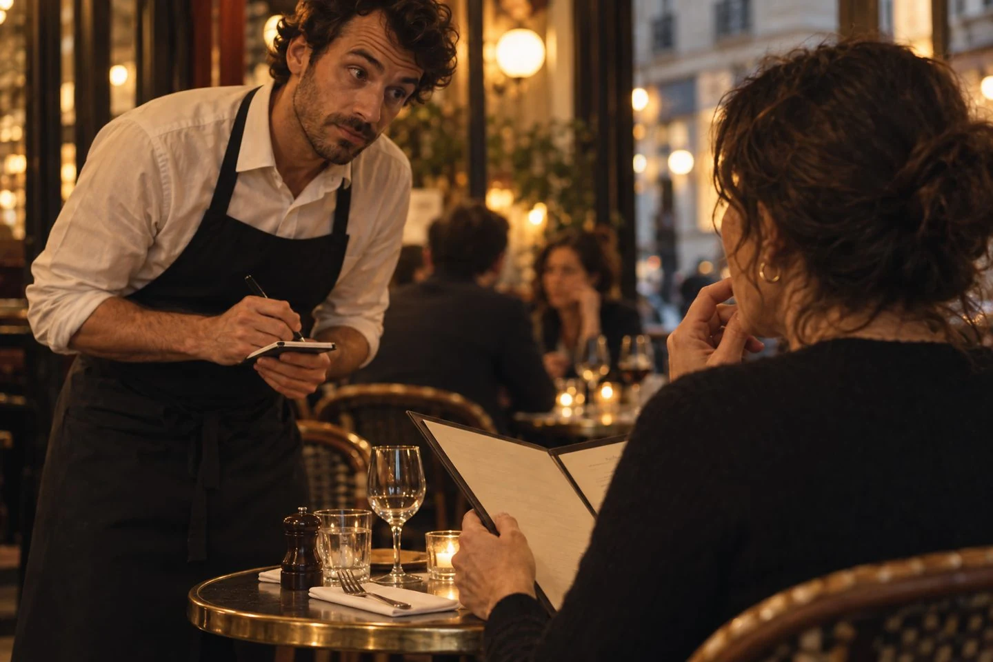 A bistro waiter taking the order of a customer hesitating over the menu