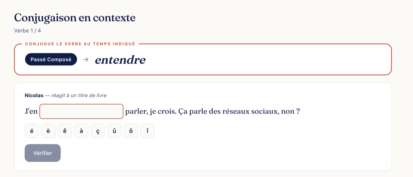 Exercice de conjugaison à trous dans une phrase du dialogue