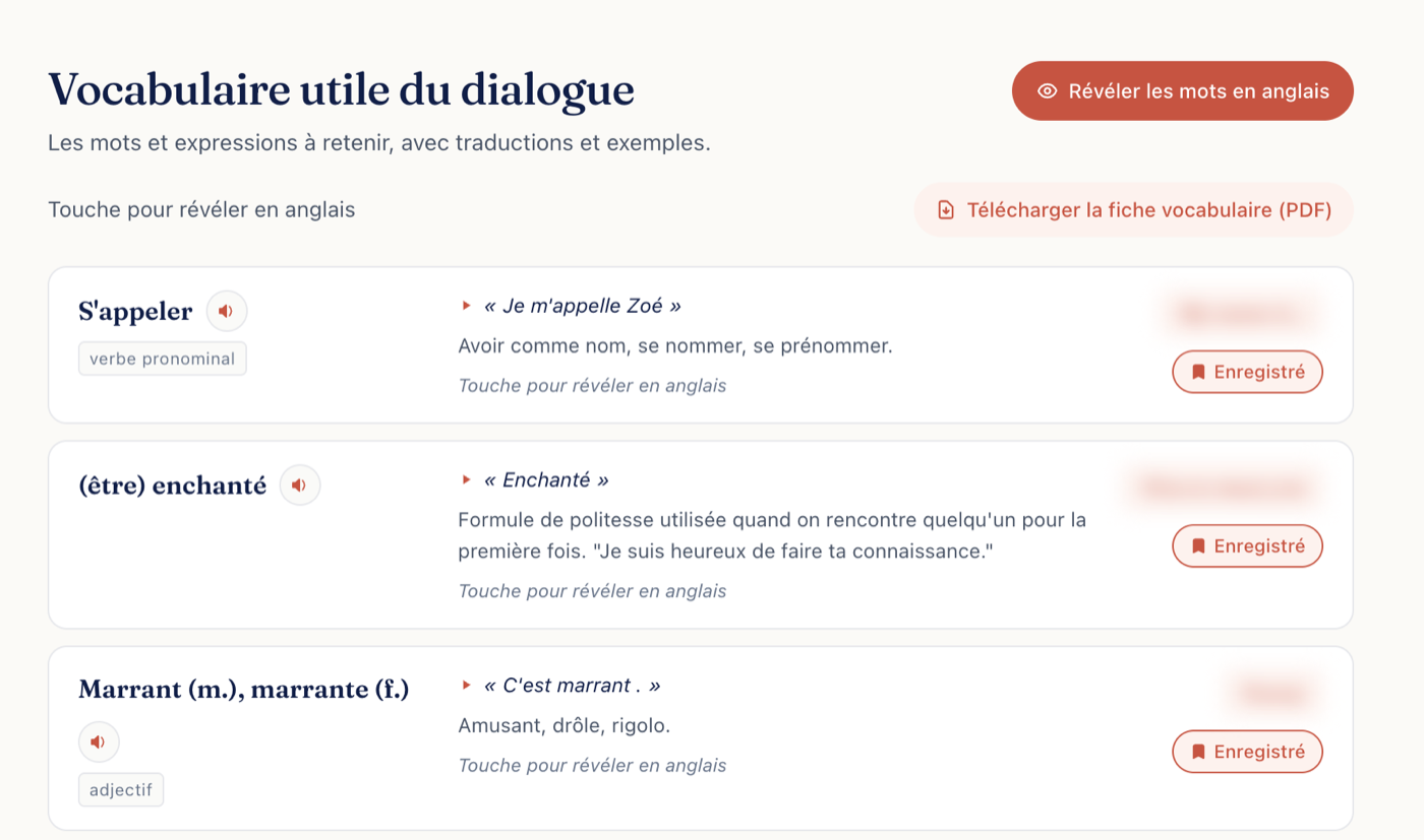 Flashcards de vocabulaire en révision espacée