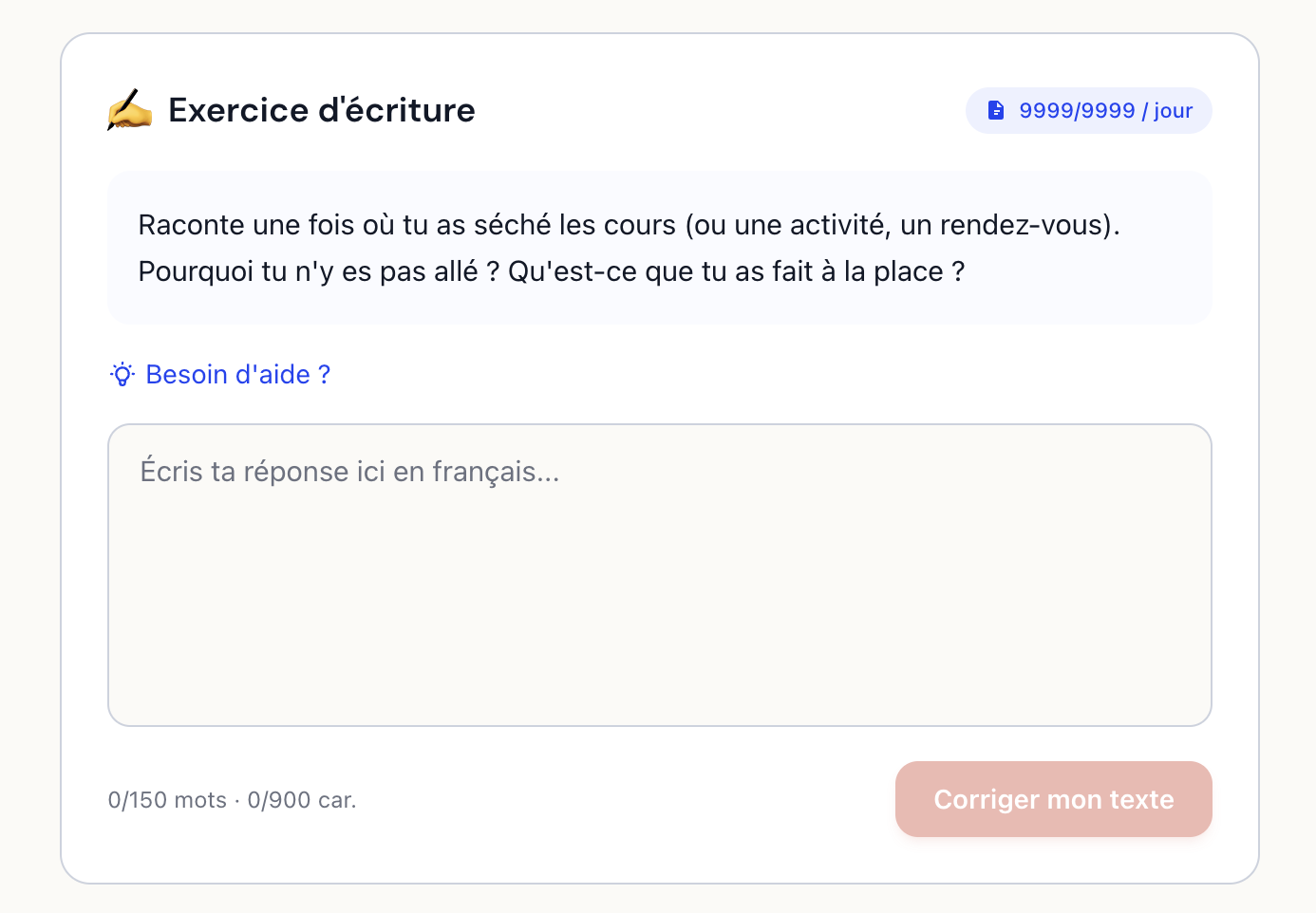 Exercice d'écriture libre avec sujet ouvert et compteur de mots