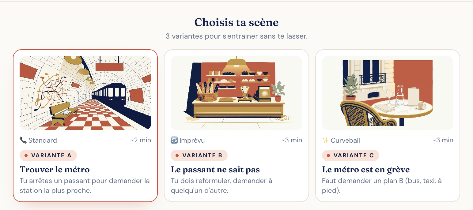 Choisis ta scène · 3 variantes par jeu de rôle