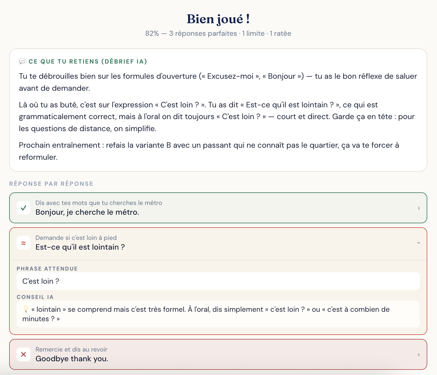 Débrief écrit en fin de scène · ce que tu retiens, par réponse