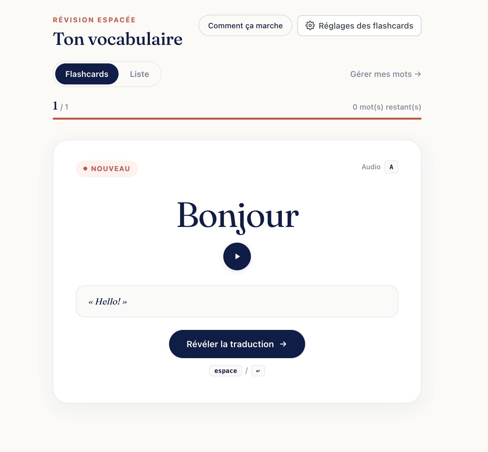 Flashcards à révision espacée · Bonjour / Hello